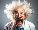 Fototapeta  - A character portrait of a mad scientist with wild hair and a lab coat, caught in a moment of surprise and alarm. The image humorously captures the essence of this iconic, quirky persona.