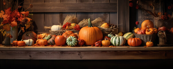 Wall Mural - Rustic wooden table adorned with pumpkins, gourds, and fall leaves