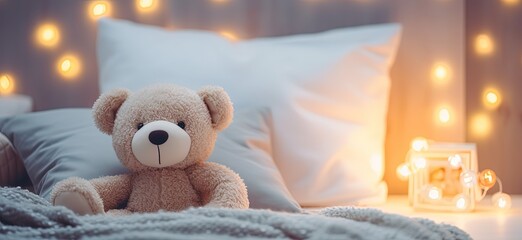 Wall Mural - cute stuffed animal toy teddy bear sitting on cozy bed, Generative Ai	
