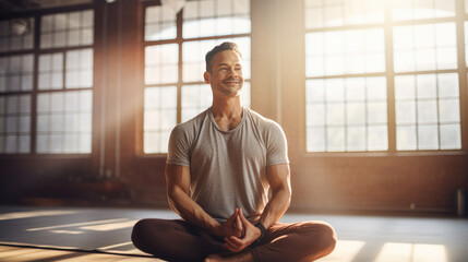 Wall Mural - Relaxed man practicing lotus pose in yoga, meditating and smiling