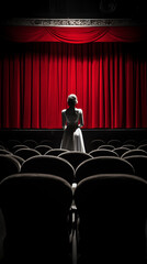 Poster - Young woman opening red stage curtain and looking at light coming from behind.generative ai