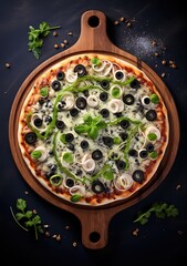 Wall Mural - top view of mozzarella pizza with basil leaf and sliced black olive, Generative Ai	
