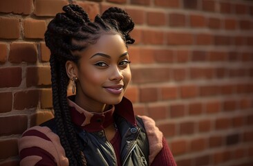 Wall Mural - close up portrait of happy African American girl with braid hair style with painted brick wall background, Generative Ai