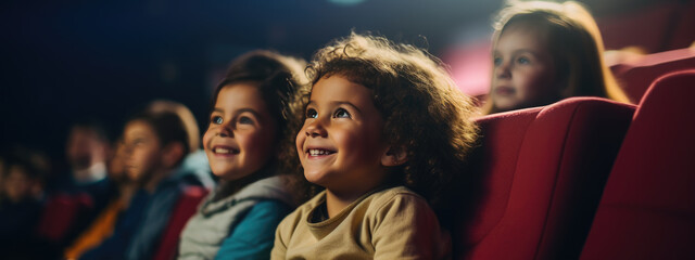 Happy smiling kids sitting in a movie theater and watching a movie.