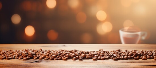 Poster - Blurred abstract coffee background with empty wooden table top