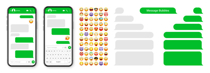 Smartphone messaging app, user interface design with emoji. SMS text frame. Chat screen with green message bubbles. Texting app for communication. Social media application. Vector illustration