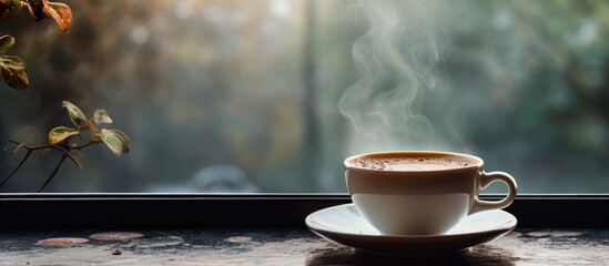 Sticker - Coffee cup steaming on rainy window