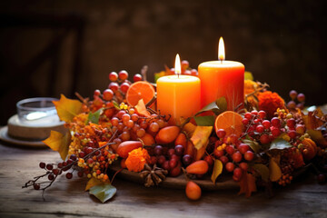 Wall Mural - A rustic table centerpiece with candles and autumn foliages. Generative AI