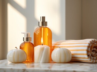 A spa with bar soap and a bottle of oil