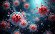 Medical Sci-fi Illustration Of Rounded Pink Viruses In Primordial Soup On Blurred Background