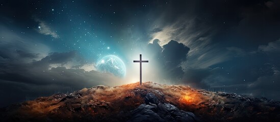 Wall Mural - Symbolic Easter cross on hill under starry sky representing resurrection and redemption