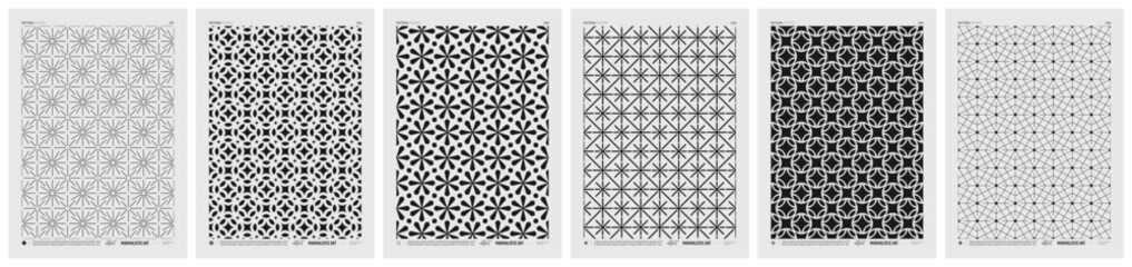 Leinwandbilder - Abstract vector Minimalistic Posters with geometric pattern, Black and White rhythmic repeating texture, creative modern artwork with typically repeated element various shapes, set 6