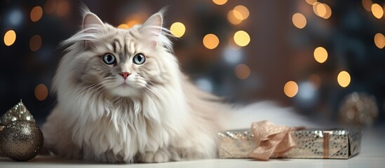 Canvas Print - Festive cat with gift box and Christmas tree