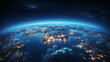 Panoramic view on planet Earth globe from space. Glowing city lights, light clouds.ai generative
