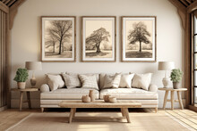 Living Room Gallery Wall, Home Decor And Wall Art, Framed Art In The English Country Cottage Interior.ai Generative