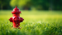 Bright Red Isolated Fire Hydrant Sits In A Freshly Cut Grass Field.ai Generative