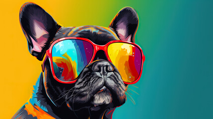 Cool french bulldog with sunglasses on colorful background