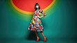 © Julia Zarubina - Generative AI, woman in a mods style dress, modernism in fashion, beautiful model in a retro outfit, vintage, 50s, 60s, geometric patterns, bright background, trendy clothing collection, show, skirt