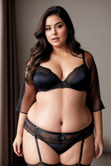 beauty curve plus size fat woman in a black underwear lingerie in studio shot.long dark hair.digital
