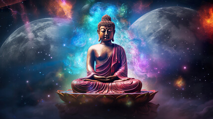 Poster - Buddha statue with colorful universe space background