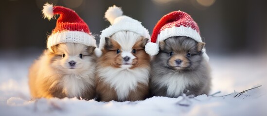 Canvas Print - Three cute ponies in Santa hats standing in a snowy field at Christmas Pet at Christmas