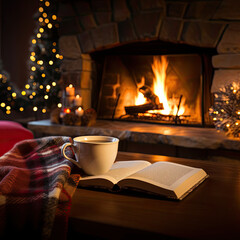 Wall Mural - fireplace with Christmas tree, book and coffee or tea. 