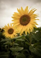 Wall Mural - Vibrant, sunny field of lush sunflowers growing in cohesion