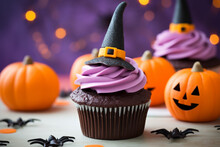 Halloween Cupcakes With Purple Frosting And Black Witch Hat Topping With Pumpkins In Background