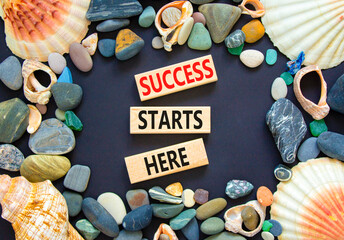 Wall Mural - Success starts here symbol. Concept word Success starts here on beautiful wooden block. Sea shell stone. Beautiful black table background. Business motivational success starts here concept. Copy space