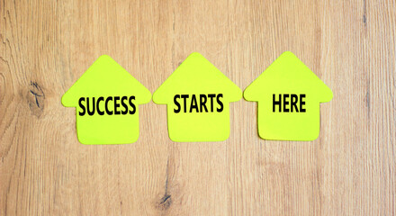 Wall Mural - Success starts here symbol. Concept word Success starts here on beautiful yellow paper house. Beautiful wooden table wooden background. Business motivational success starts here concept. Copy space.