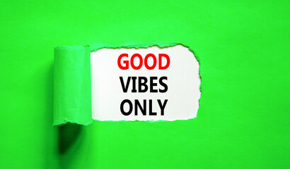 Wall Mural - Good vibes only symbol. Concept word Good vibes only on beautiful white paper. Beautiful green table green background. Business motivational good vibes only concept. Copy space.