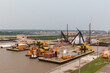 Construction and Dredging Equipment, Heavy Machinery, Working on New Lock at Soo Locks, Adjacent to Poe Lock, St Marys River, Lake Superior