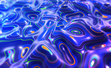 Aufkleber - A curved space of magical forms. Oil stains on a field of wavy lines. 3D illustration of abstract emotions