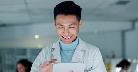 Poster - Scientist, man and tablet for laboratory research, data analysis and reading results or online vaccine report. Doctor, science student or medical expert on digital technology for healthcare at night