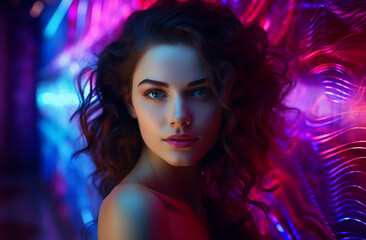 Wall Mural - A stylish lady with vibrant multitude of neon purple pink color fashion accessories, takes center stage in a close-up portrait against a lively background. Generative AI.