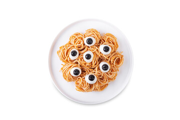 Wall Mural - Tomato sauce Halloween pasta with mozzarella cheese and black olives in the form of monster on a white isolated background