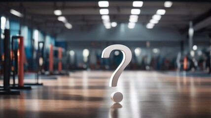 A white question mark standing in the middle of an empty warehouse or gym with a sepia look, beautiful blurry hidden light indoor background. AI generative.