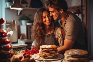 female making pancake in the kitchen