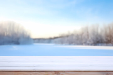 Wall Mural - A frozen field or lake as a background with a wooden table in the foreground for promotional purposes
