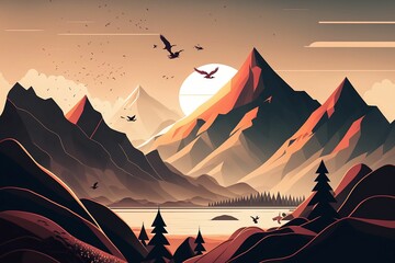 Poster - the mountains and a bird are in flight above the hills