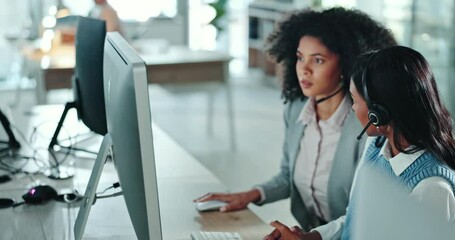 Poster - Women, team manager and call center support, advice and feedback for e commerce solution on computer. Business people, consultant and agency teamwork, reading information, questions and sales report