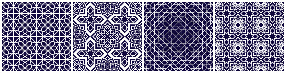 Arabic vector seamless pattern set. Repeated background. Traditional Kuwait, Oman, UAE colors. Islamic arabesque decorative design. Abstract template texture. Backdrop in eastern style