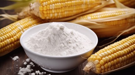 Corn starch in bowl with with ripe cobs and kernels on table.