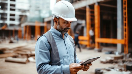 Poster - Engineer using digital tablet at construction site, Supervising building process.