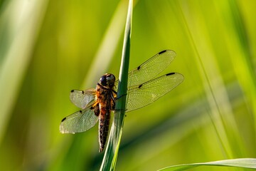 Wall Mural - Closeup of a Dragonfly perched on a plant with a blurry background