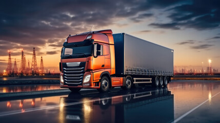 Truck on the highway, Delivery trucker, Logistics import export and cargo, Transportation industry.