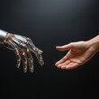 Fotografia con detalle de aproximación de mano humana y mano robotica de tonos metalicos