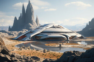 Poster - a futuristic spaceport serving as a hub for interplanetary travel. generative ai.