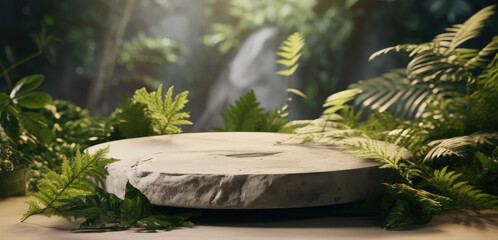 Aufkleber - Natural stone and concrete podium in tropical forest, Empty showcase for packaging product presentation.