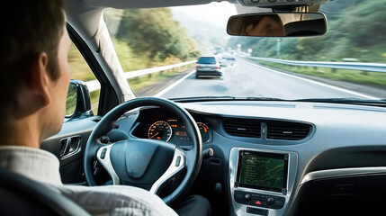 Poster - Man in self driving car on road.